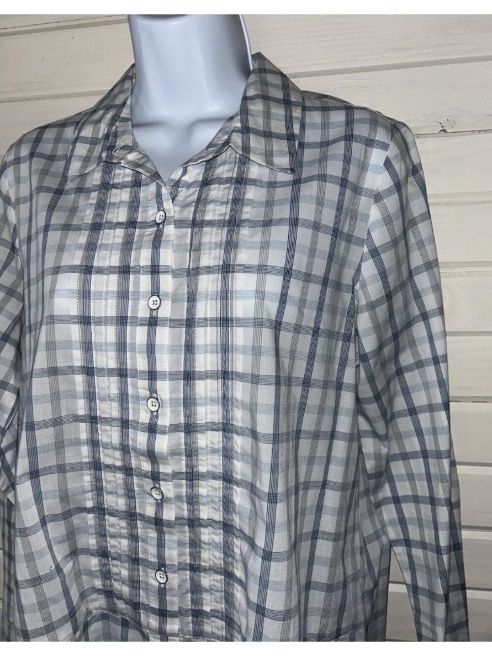 J. Jill Sz PETITES SMALL PS Blue White Plaid Tunic Shirt Popover 100% Cotton EUC